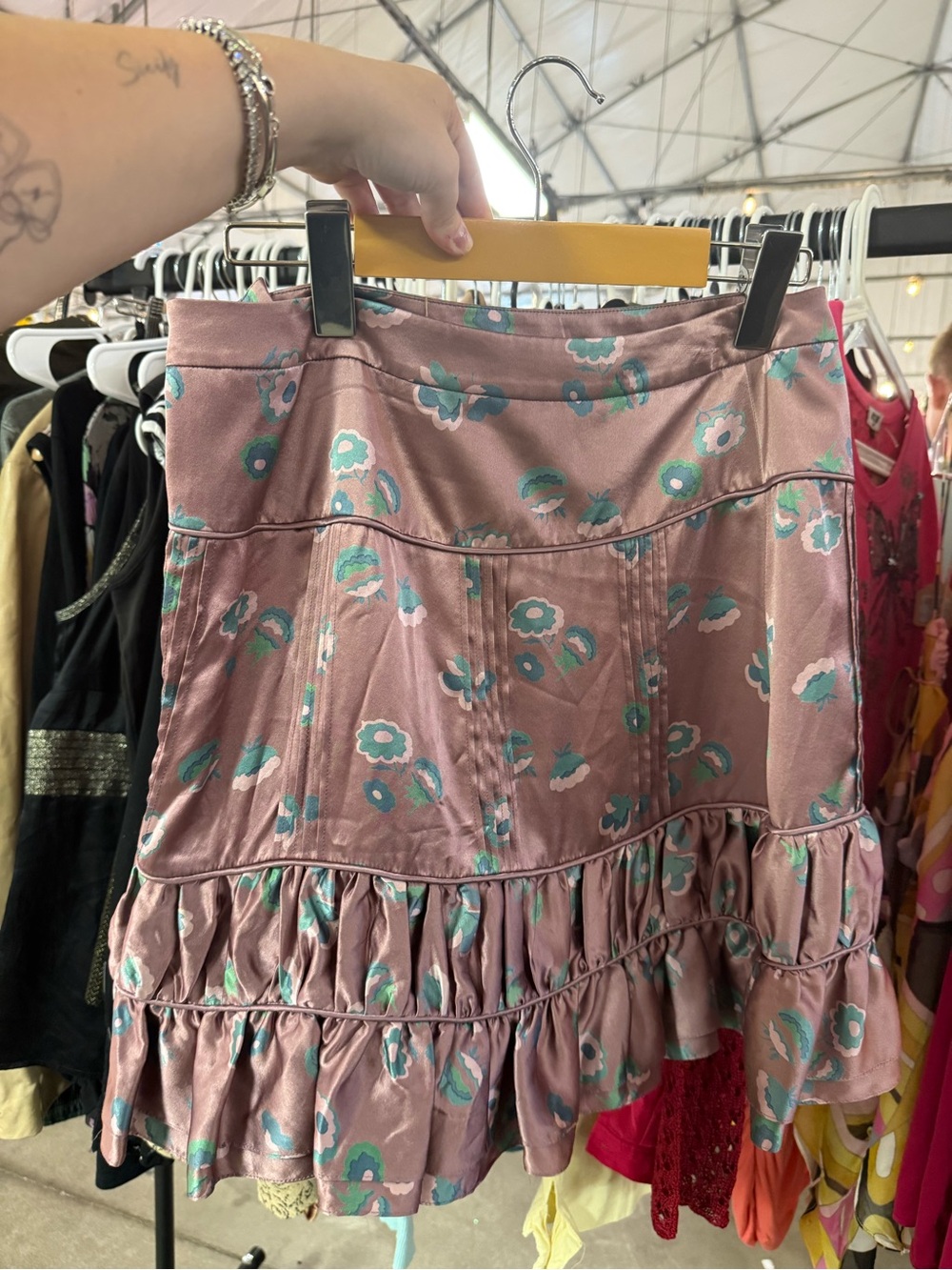 Marc Jacobs Mauve 100% Silk Floral Print Ruffled Pintucked Mini Skirt - Picture 3 of 5